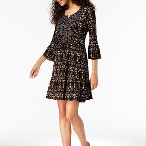 Cute Flirty Bohemian Print Bell-Sleeve Dress Multicolor Earthy Tones Women Large